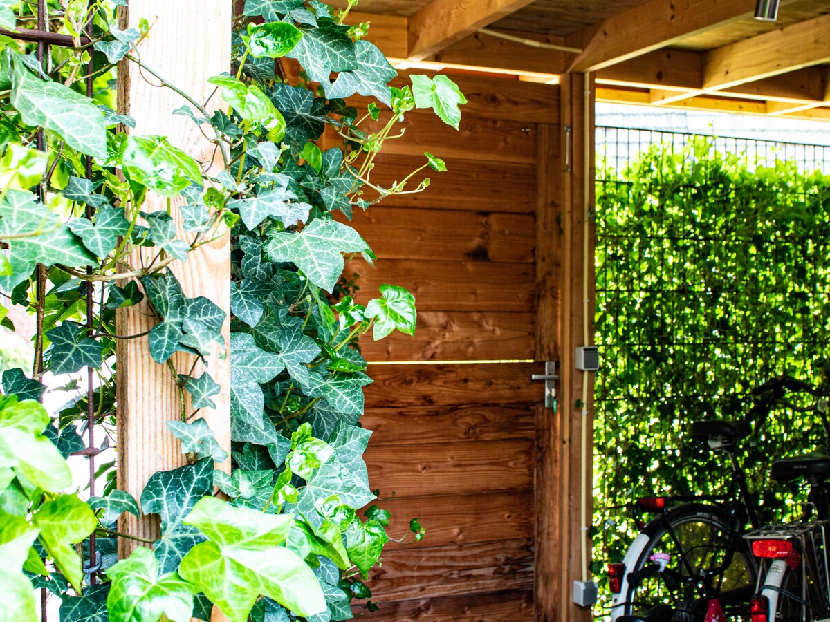 Schommel, overkapping, fietsenhok en poort voor een extra ingang in de tuin. 