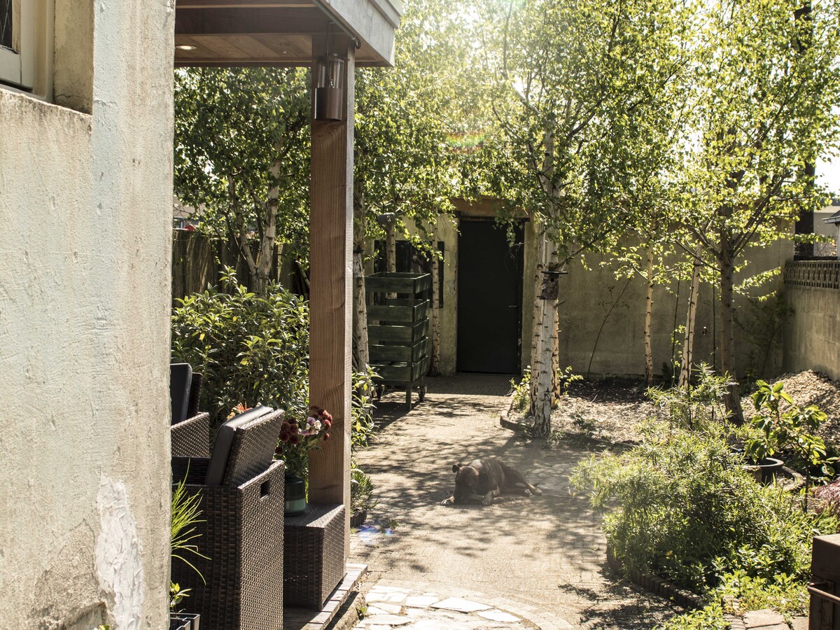 Knusse overkapping in groene tuin